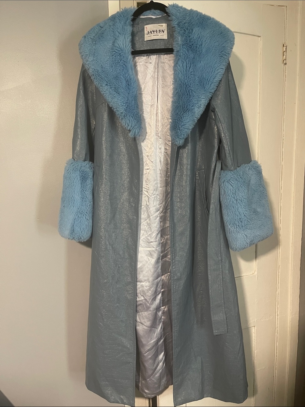 Blue Faux Fur-Trim Long Coat